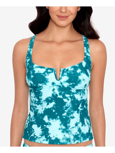 SALT + COVE Women's Aqua Acid Wash Stretch Lined V-Wire Tie Sea Foam Square Neck Tankini Swimsuit Top XS