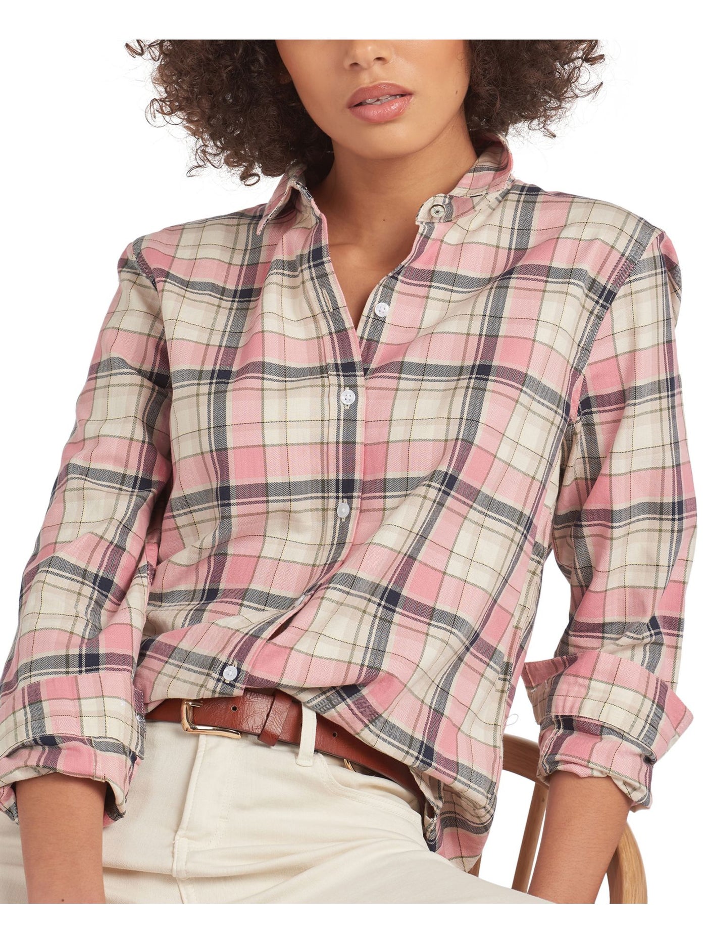 BARBOUR Womens Pink Stretch Fitted Darted Plaid Cuffed Sleeve Collared Button Up Top 6