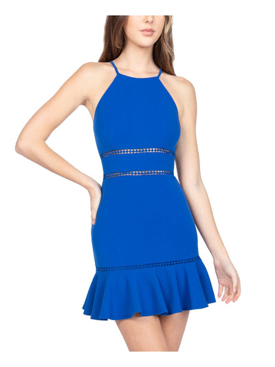 B DARLIN Womens Blue Stretch Zippered Ruffled Lace Trim At Waist Sleeveless Halter Mini Evening Sheath Dress Juniors 9\10