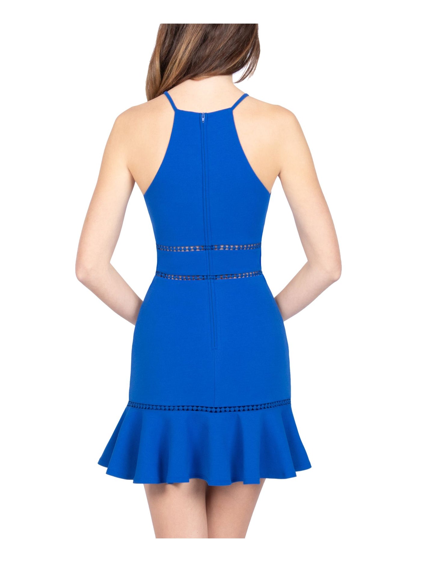 B DARLIN Womens Blue Stretch Zippered Ruffled Lace Trim At Waist Sleeveless Halter Mini Evening Sheath Dress 3\4