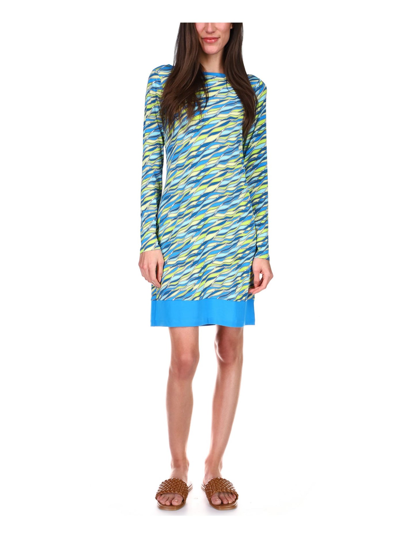 MICHAEL MICHAEL KORS Womens Blue Printed Long Sleeve Round Neck Above The Knee Sheath Dress Petites P\XS