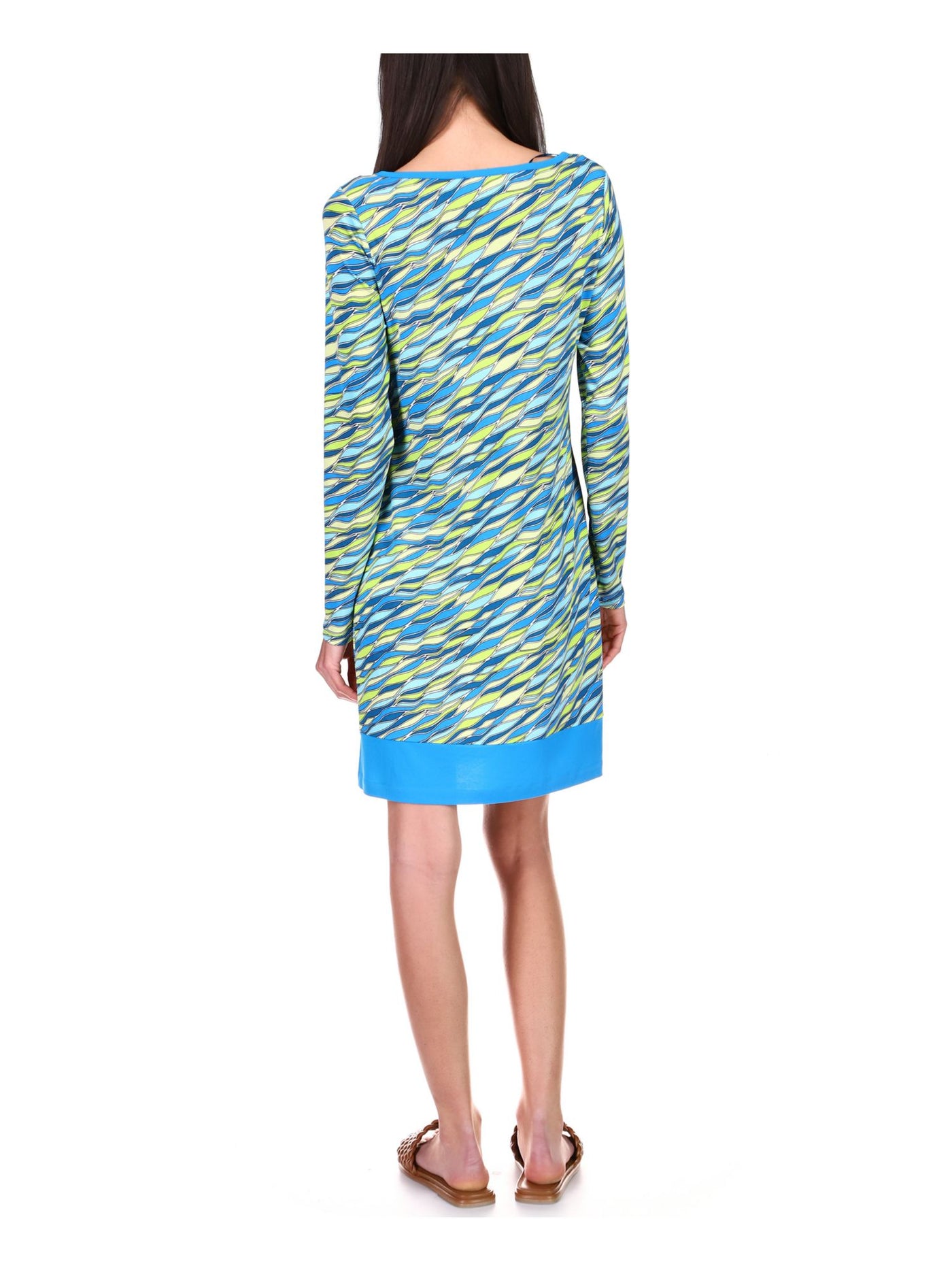 MICHAEL MICHAEL KORS Womens Blue Printed Long Sleeve Round Neck Above The Knee Sheath Dress Petites P\XS