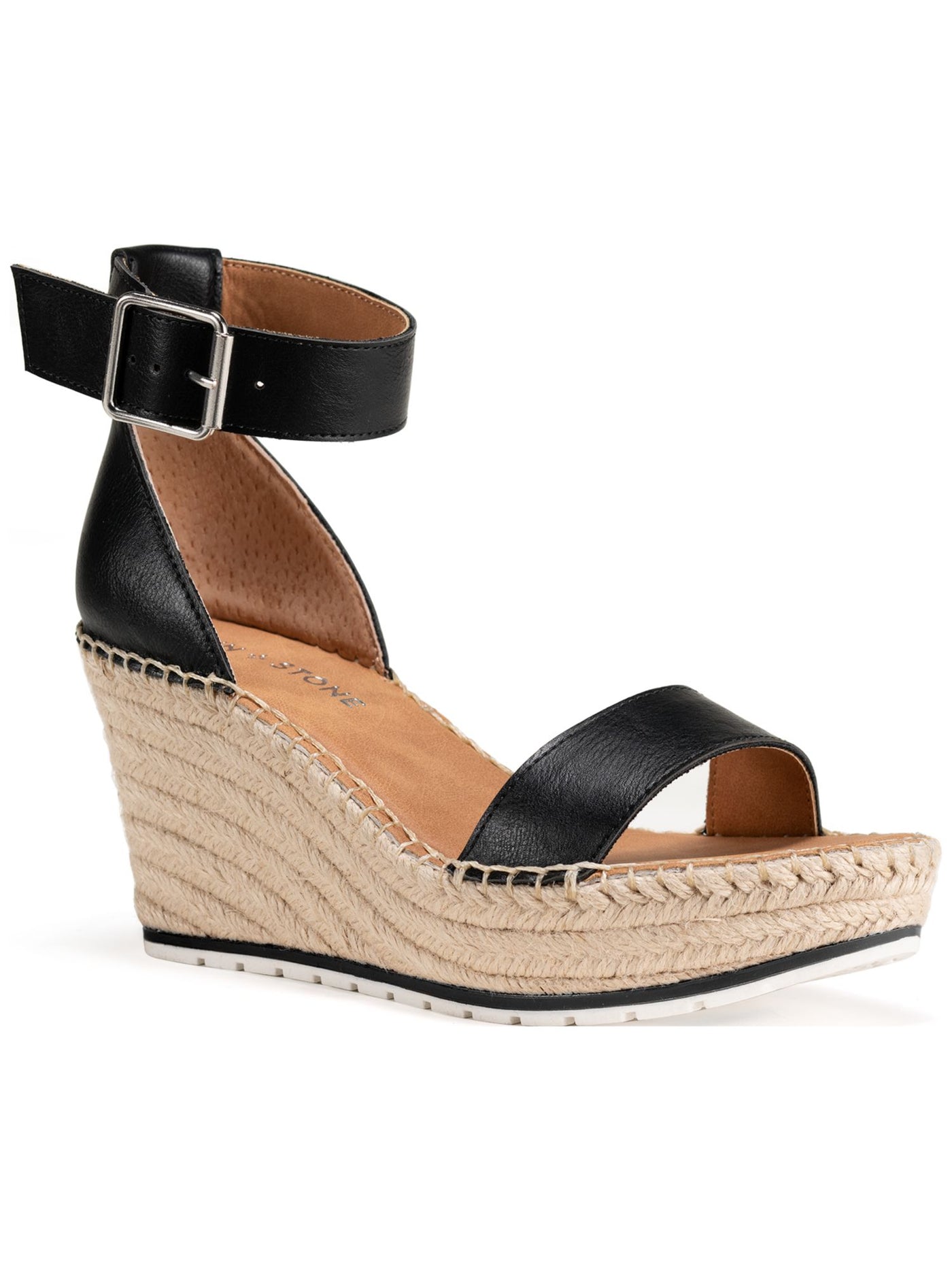 SUN STONE Womens Black 1.5 Platform Adjustable Ankle Strap Sammi Open Toe Wedge Buckle Espadrille Shoes 8 M
