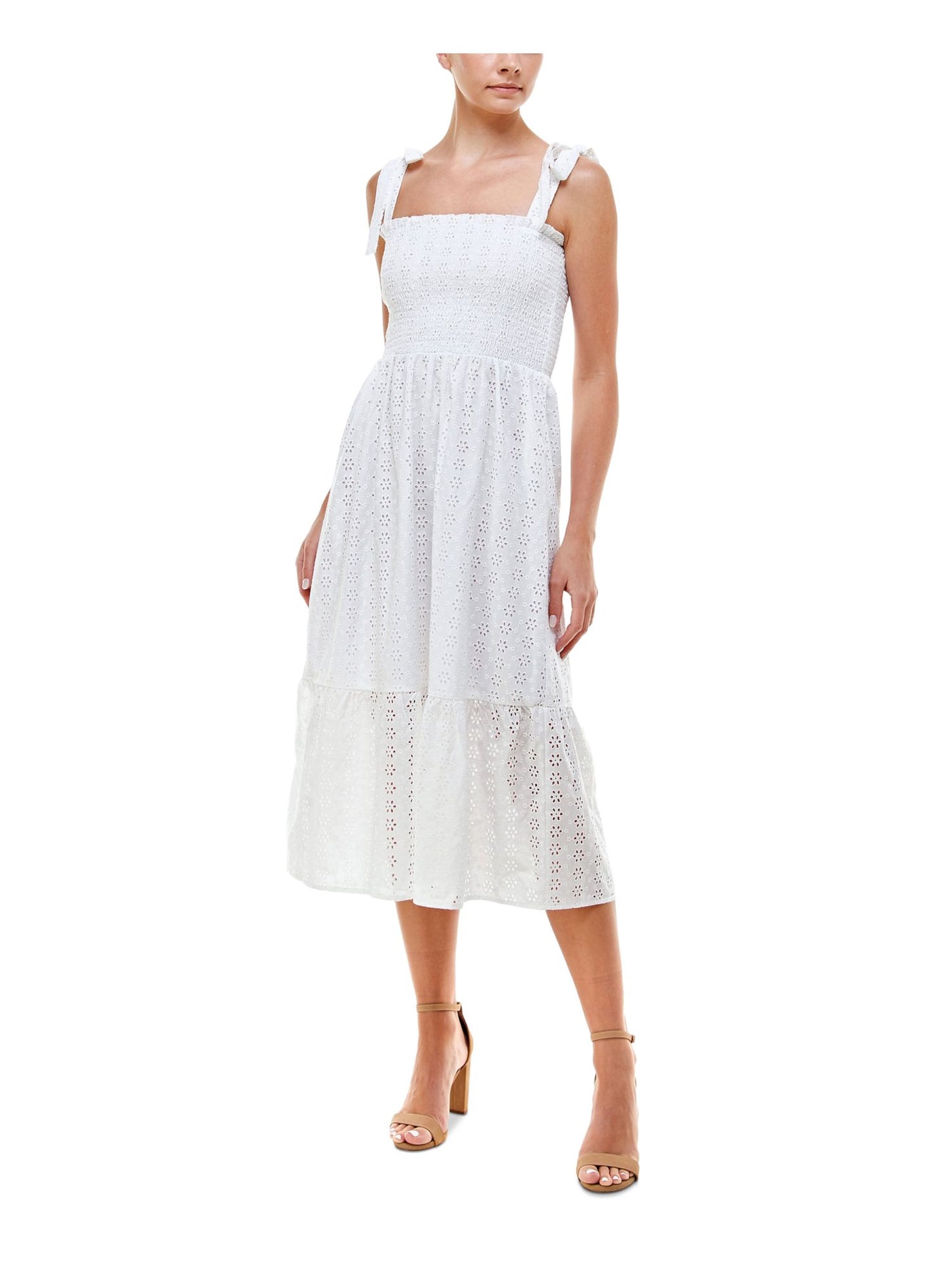 Q+A LOS ANGELES Womens White Smocked Eyelet Tiered Hem Lined Sleeveless Square Neck Midi Fit + Flare Dress Juniors M