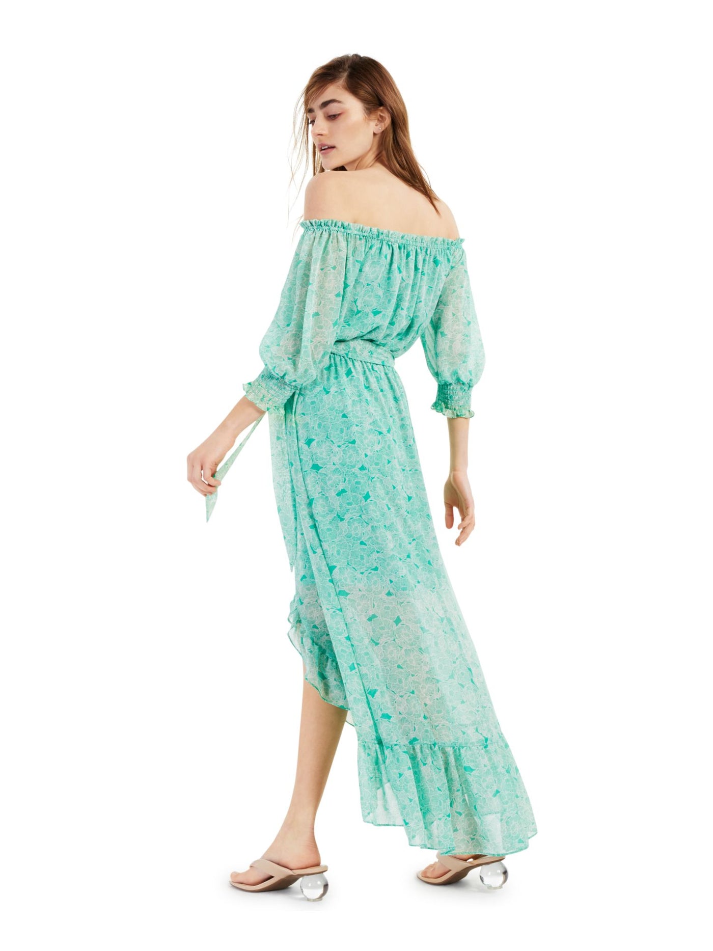 BAR III DRESSES Womens Green Ruffled Belted Pull-over Style Smocked Cuffs Floral 3/4 Sleeve Off Shoulder Maxi Hi-Lo Dress XL