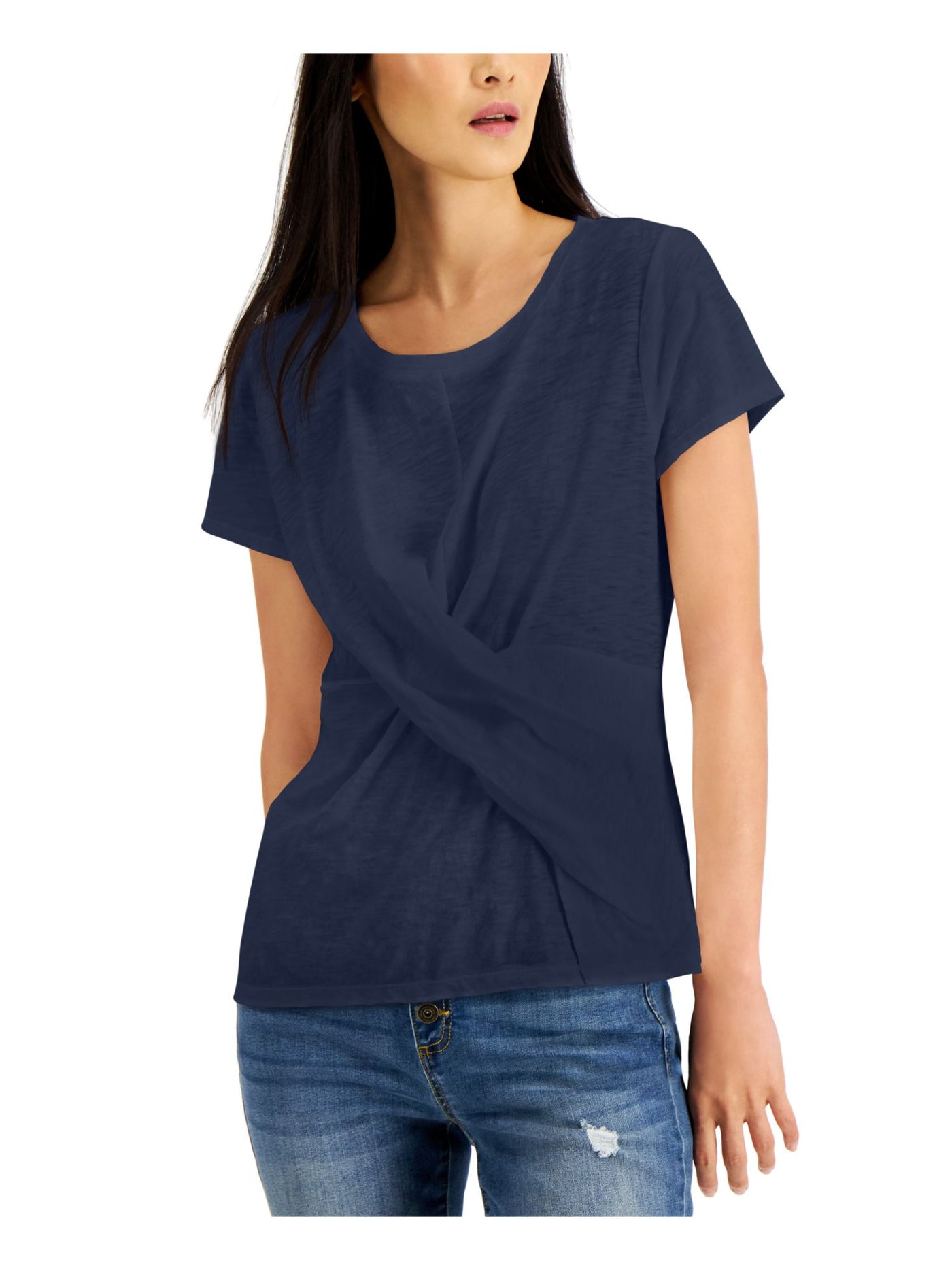 INC Womens Navy Short Sleeve Scoop Neck T-Shirt L