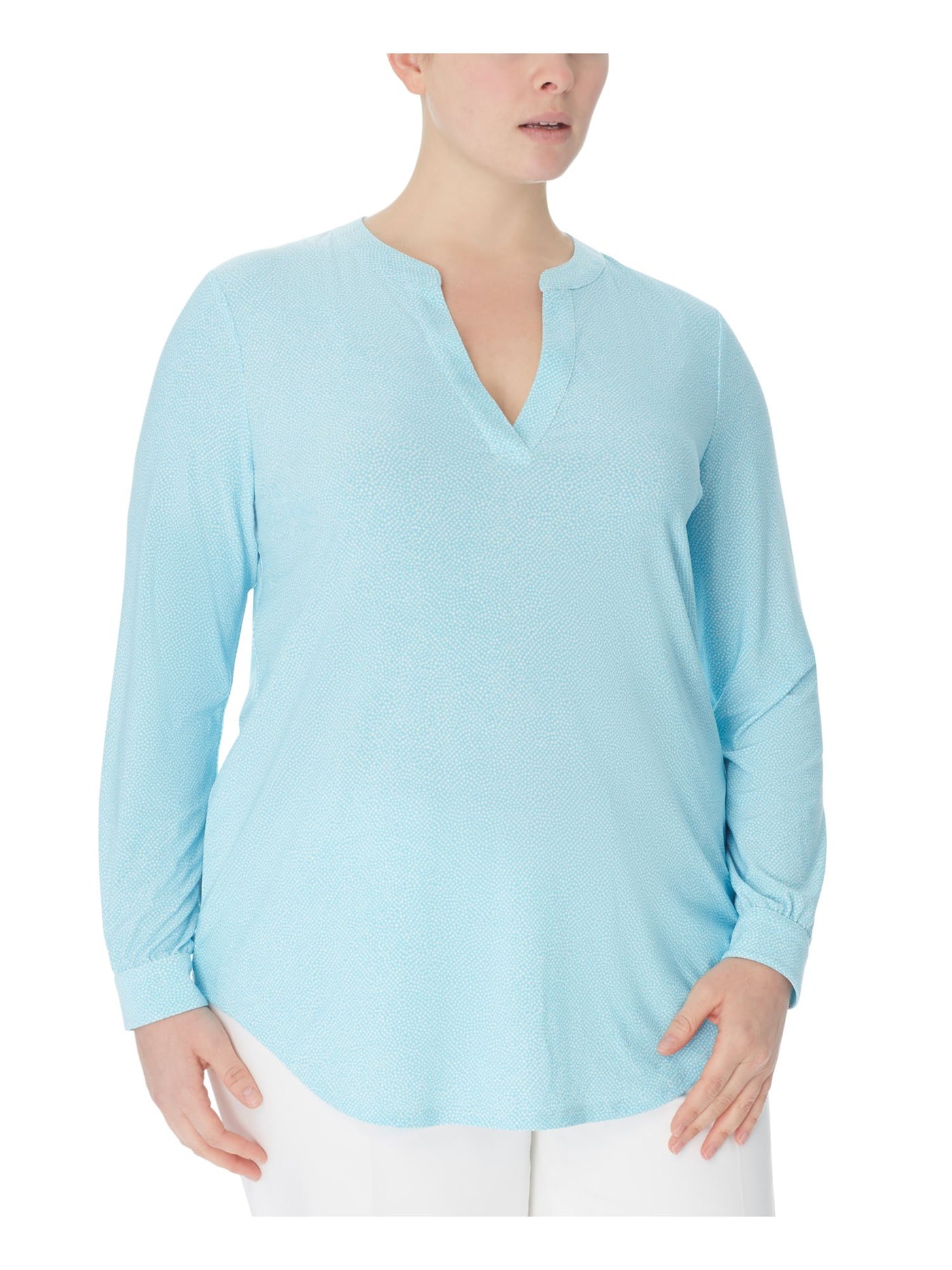 ANNE KLEIN Womens Light Blue Stretch Pleated Curved Hem Printed Cuffed Sleeve Split Top Plus 0X