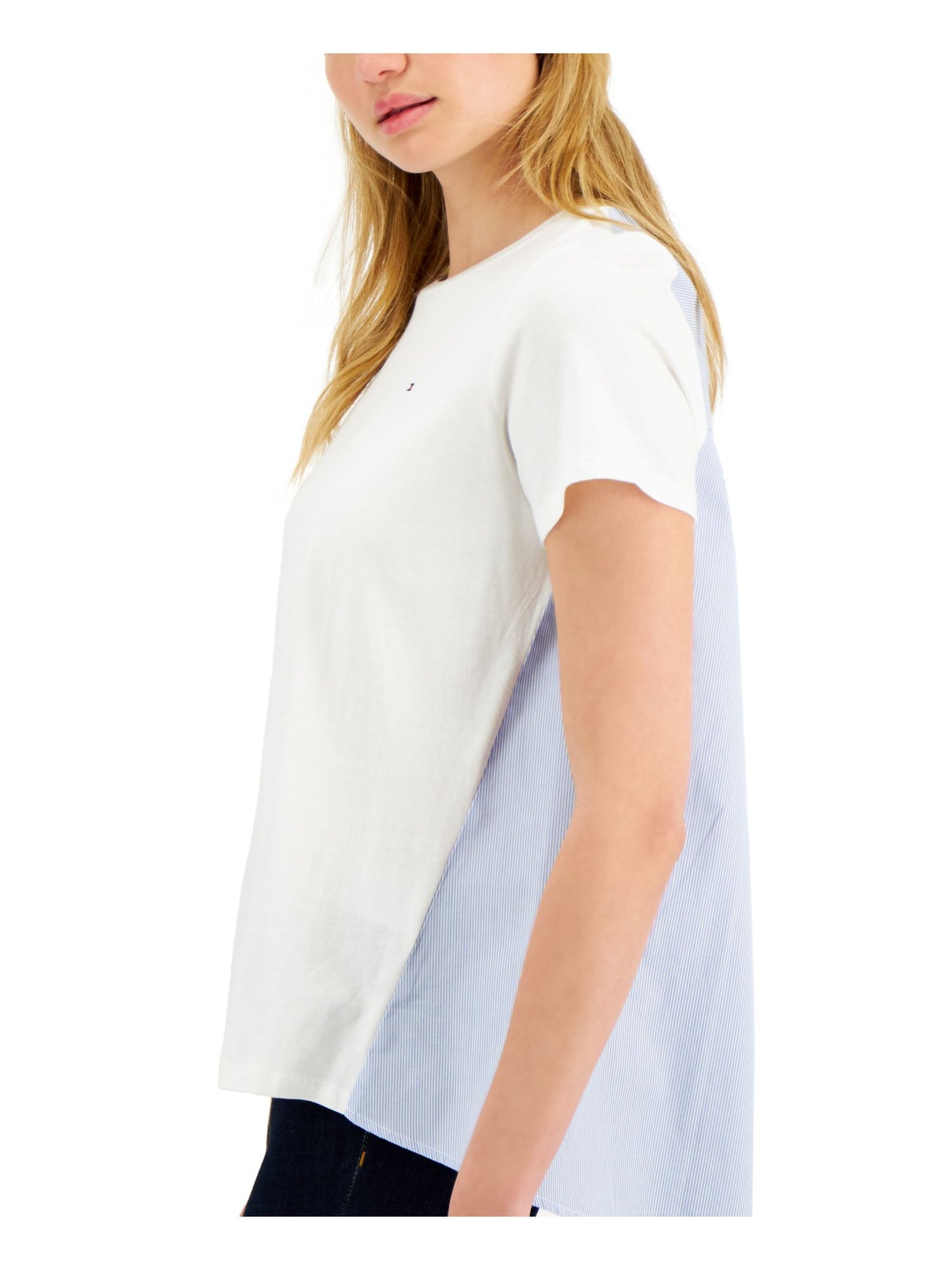TOMMY HILFIGER Womens White Pleated Drop Hem Color Block Short Sleeve Crew Neck Top S