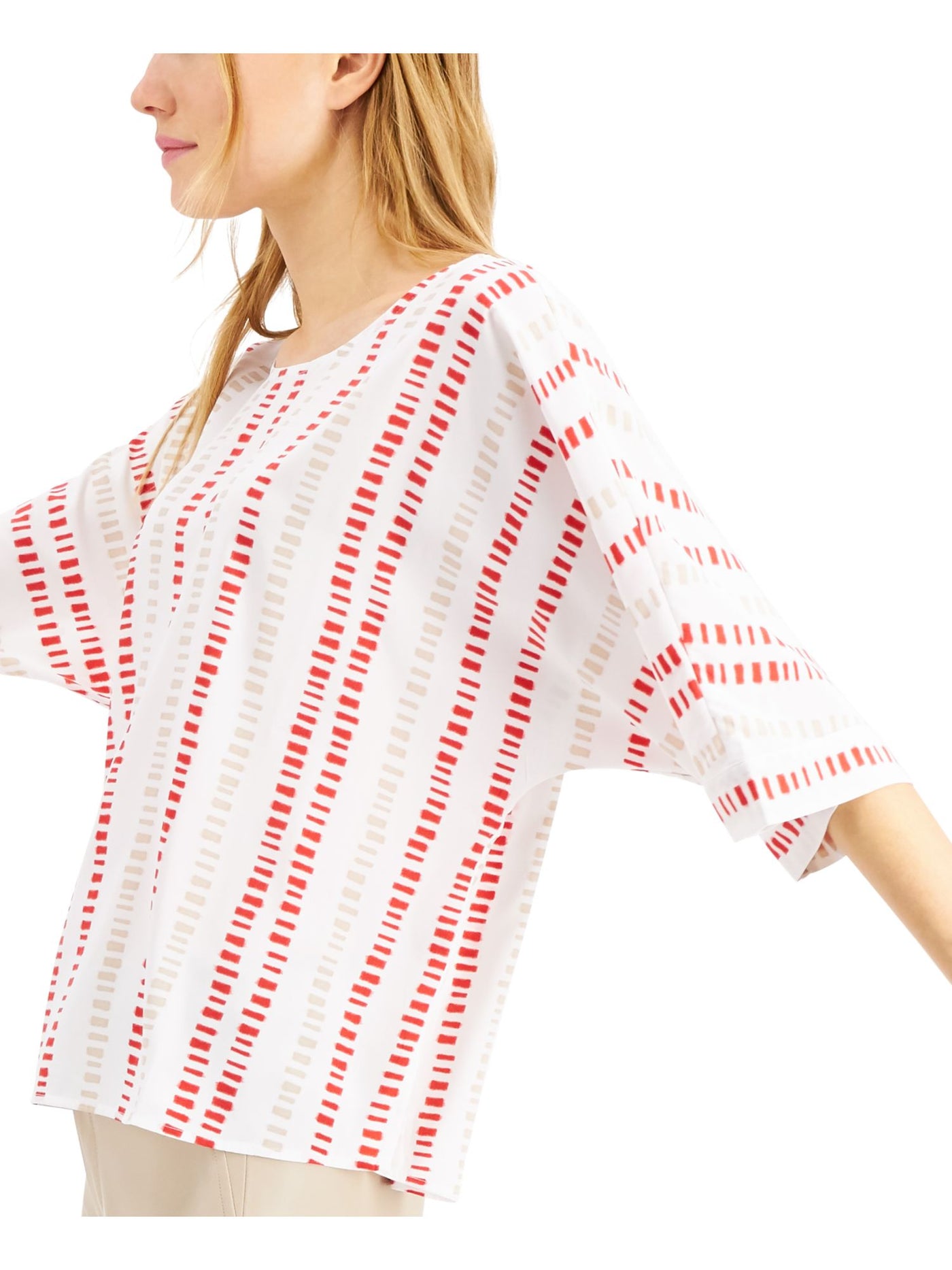 ALFANI Womens Red Printed Kimono Sleeve Scoop Neck Top Size: XS