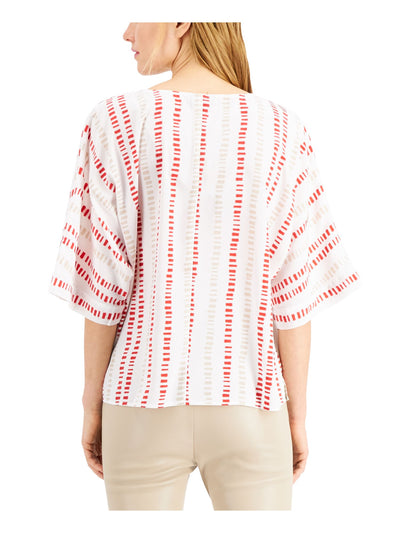 ALFANI Womens Red Printed Kimono Sleeve Scoop Neck Top M