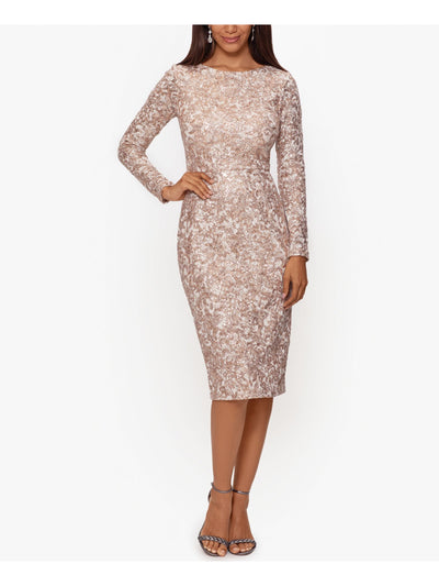 XSCAPE Womens Beige Stretch Sequined Embroidered Zippered Lined Floral Long Sleeve Round Neck Below The Knee Formal Sheath Dress 8