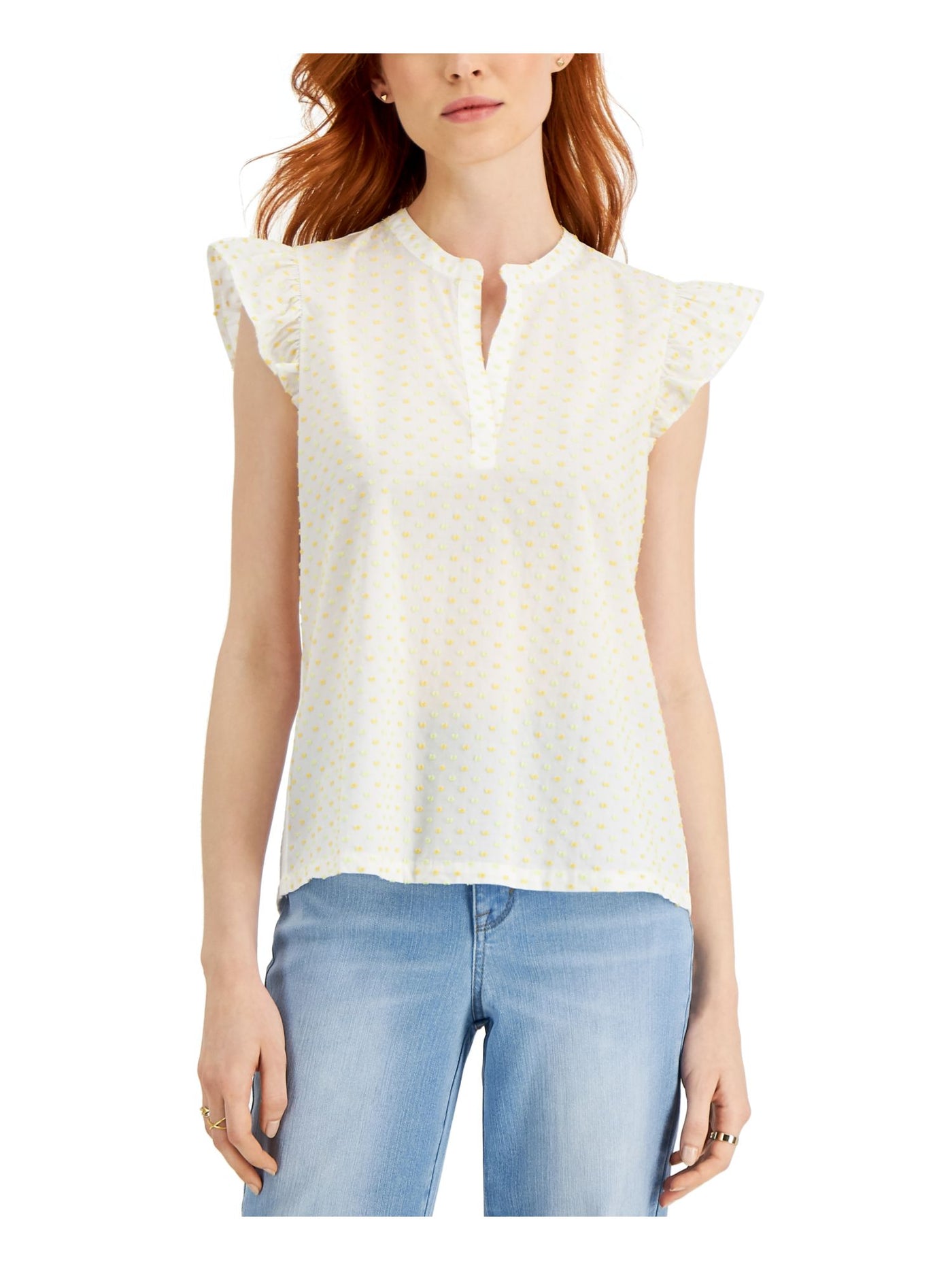 STYLE & COMPANY Womens Yellow Stretch Ruffled Relaxed Fit Polka Dot Flutter Sleeve Split Top PS