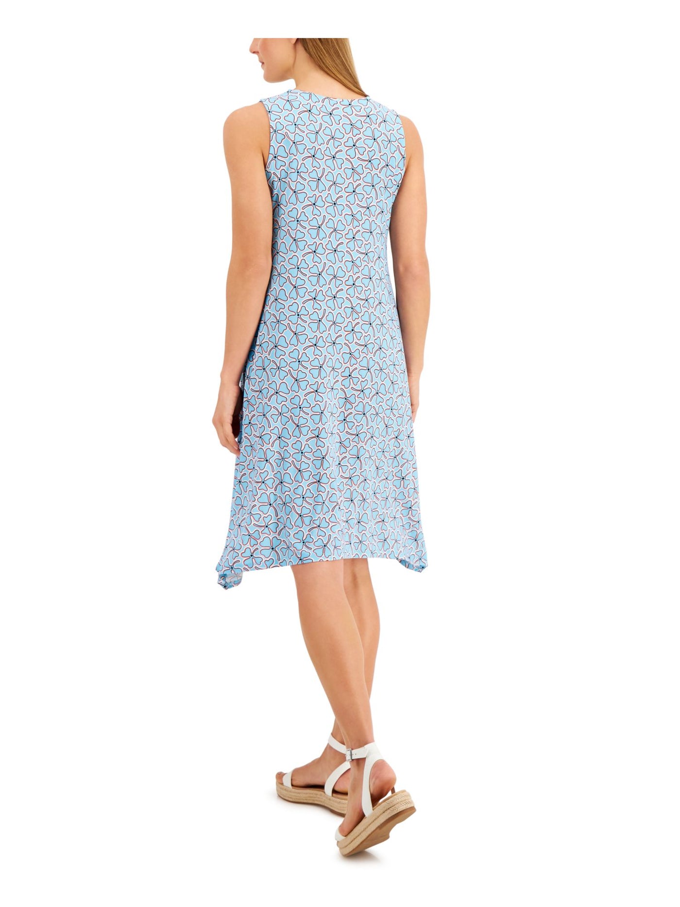 ANNE KLEIN Womens Light Blue Stretch Pocketed Asymmetrical-hem Printed Sleeveless Scoop Neck Midi Shift Dress XS