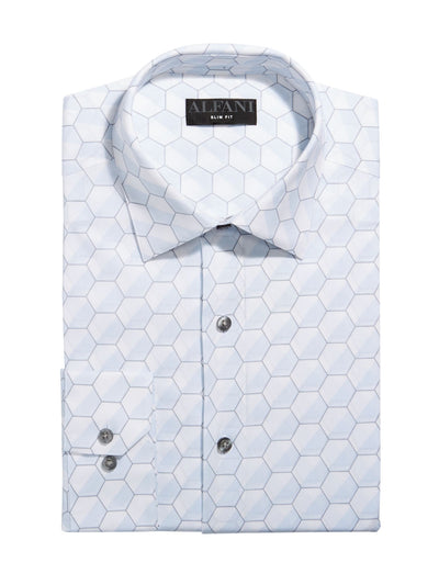 ALFANI Mens White Geometric Spread Collar Slim Fit Moisture Wicking Dress Shirt L 16/16.5- 32/33