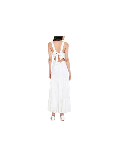 BARDOT Womens White Stretch Zippered Eyelet Tie-back Tiered Sleeveless Round Neck Maxi Evening Dress 8\M