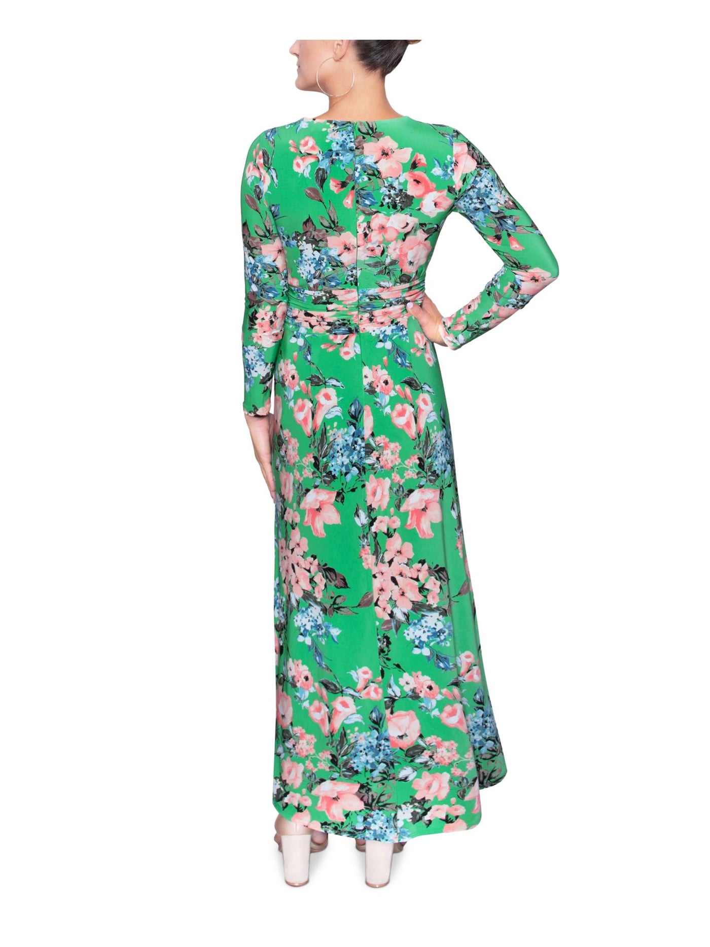 RACHEL RACHEL ROY Womens Green Stretch Zippered Ruched Jersey-knit Floral Long Sleeve Surplice Neckline Maxi Evening Faux Wrap Dress XS