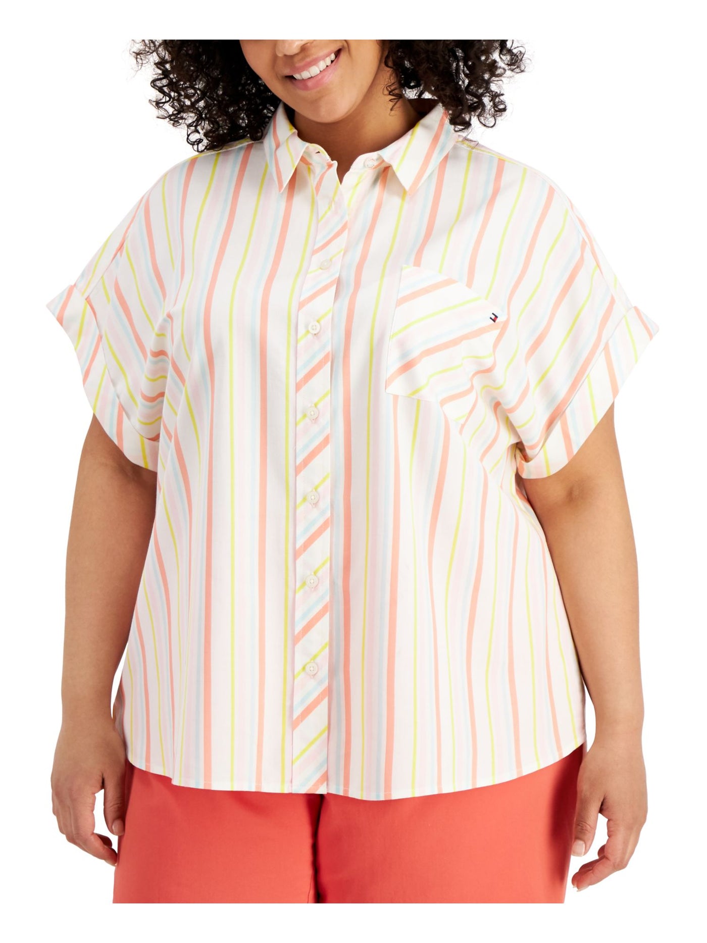 TOMMY HILFIGER Womens Pink Pocketed Extended-shoulder Striped Short Sleeve Collared Button Up Top Plus 3X