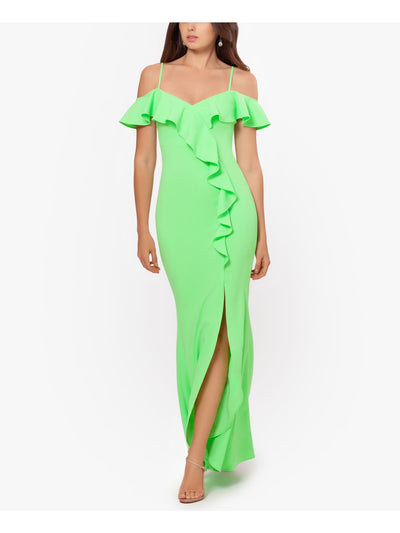 BETSY & ADAM Womens Green Stretch Ruffled High Slit Spaghetti Strap Off Shoulder Full-Length Formal Gown Dress 4