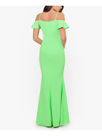 BETSY & ADAM Womens Green Stretch Ruffled High Slit Spaghetti Strap Off Shoulder Full-Length Formal Gown Dress 4