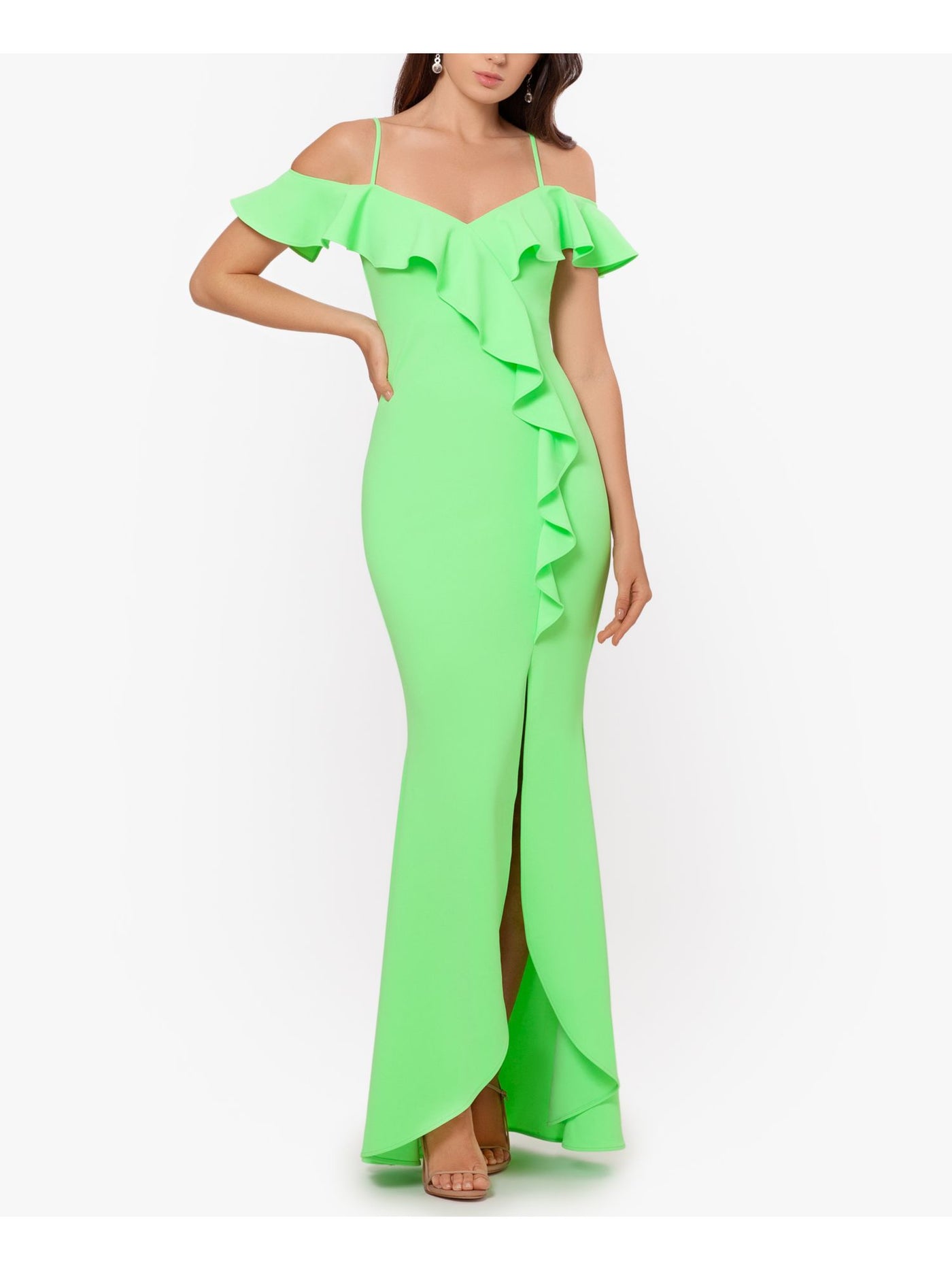 BETSY & ADAM Womens Green Stretch Ruffled High Slit Spaghetti Strap Off Shoulder Full-Length Formal Gown Dress 4