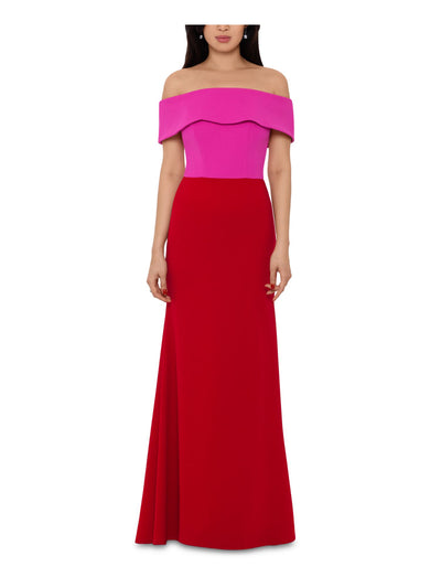 BETSY & ADAM Womens Pink Stretch Zippered Color Block Short Sleeve Off Shoulder Full-Length Formal Gown Dress Petites 2P