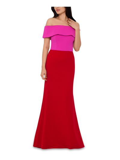 BETSY & ADAM Womens Pink Stretch Zippered Ruffled Scuba Crepe Color Block Short Sleeve Off Shoulder Full-Length Evening Gown Dress 2