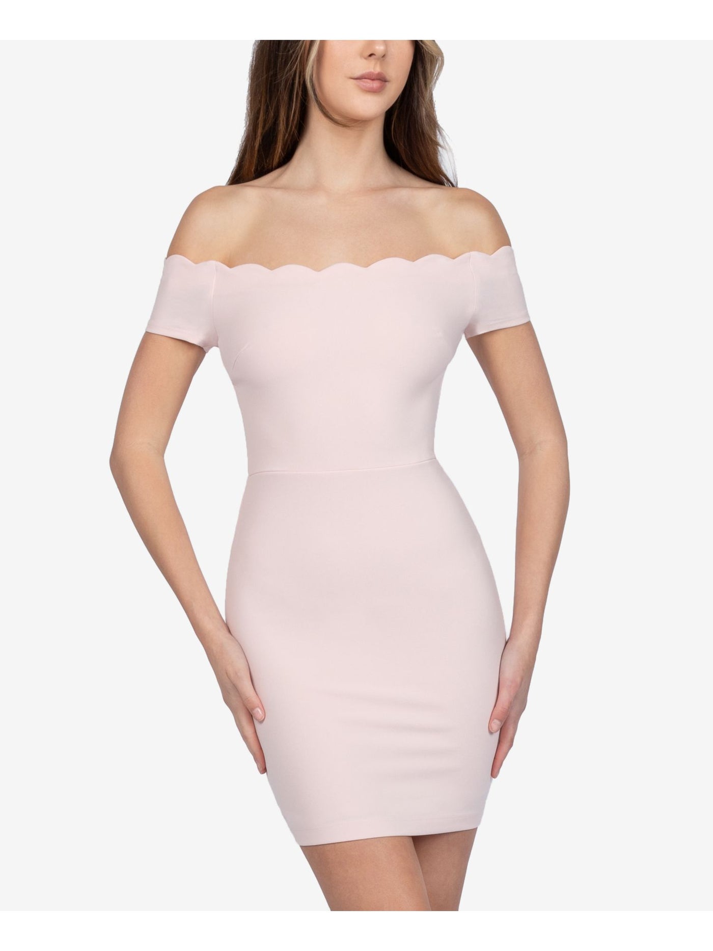 B DARLIN Womens Pink Stretch Zippered Scalloped Short Sleeve Off Shoulder Mini Cocktail Body Con Dress Juniors 7\8