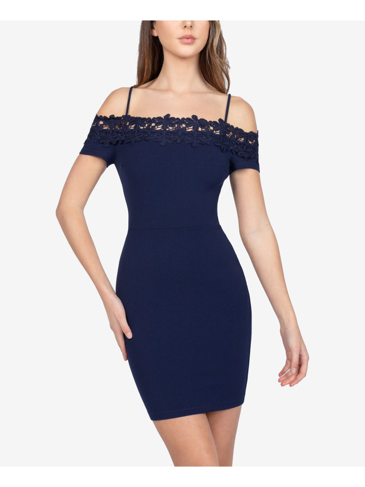 b darlin blue lace dress B Darlin Juniors' Blue Sequined Lace-Up-Back Fit & Flare Dress - 13/14 - Blue