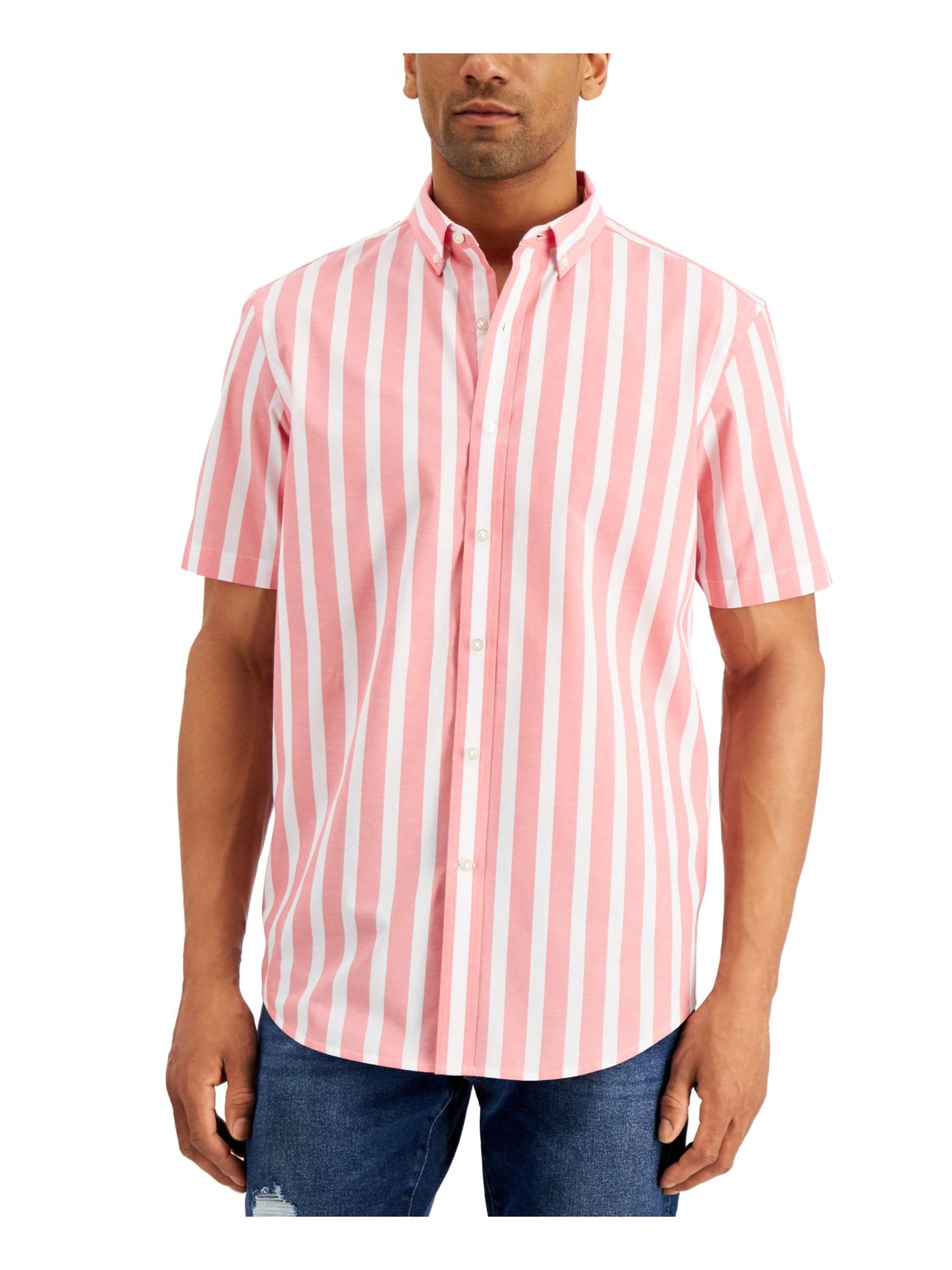 CLUBROOM Mens Pink Striped Collared Classic Fit Dress Shirt M
