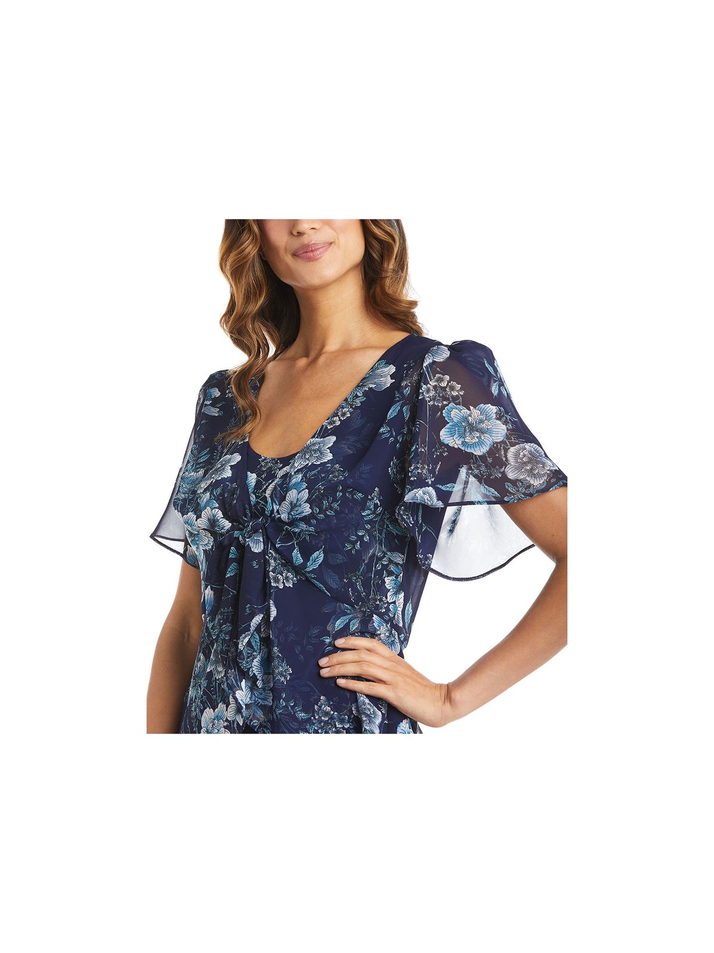 R&M RICHARDS Womens Navy Sheer Tie Floral Flutter Sleeve Peplum Top Petites 4P