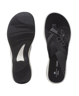 CLOUD STEPPERS BY CLARKS Womens Black Mixed Media Adjustabke Hook And Loop Floral Strap Cushioned Brinkley Flora Round Toe Wedge Slip On Thong Sandals Shoes M