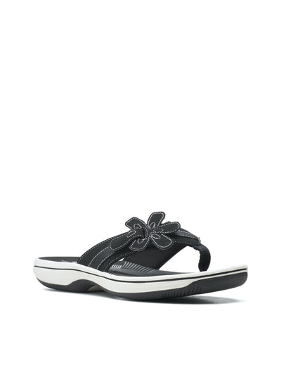 CLOUD STEPPERS BY CLARKS Womens Black Mixed Media Adjustabke Hook And Loop Floral Strap Cushioned Brinkley Flora Round Toe Wedge Slip On Thong Sandals Shoes 11 M