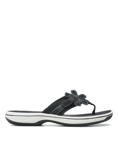 CLOUD STEPPERS BY CLARKS Womens Black Mixed Media Adjustabke Hook And Loop Floral Strap Cushioned Brinkley Flora Round Toe Wedge Slip On Thong Sandals Shoes 11 M