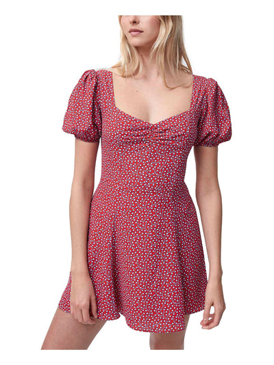 FRENCH CONNECTION Womens Red Zippered Ruched Floral Pouf Sleeve Sweetheart Neckline Mini Party Fit + Flare Dress 0