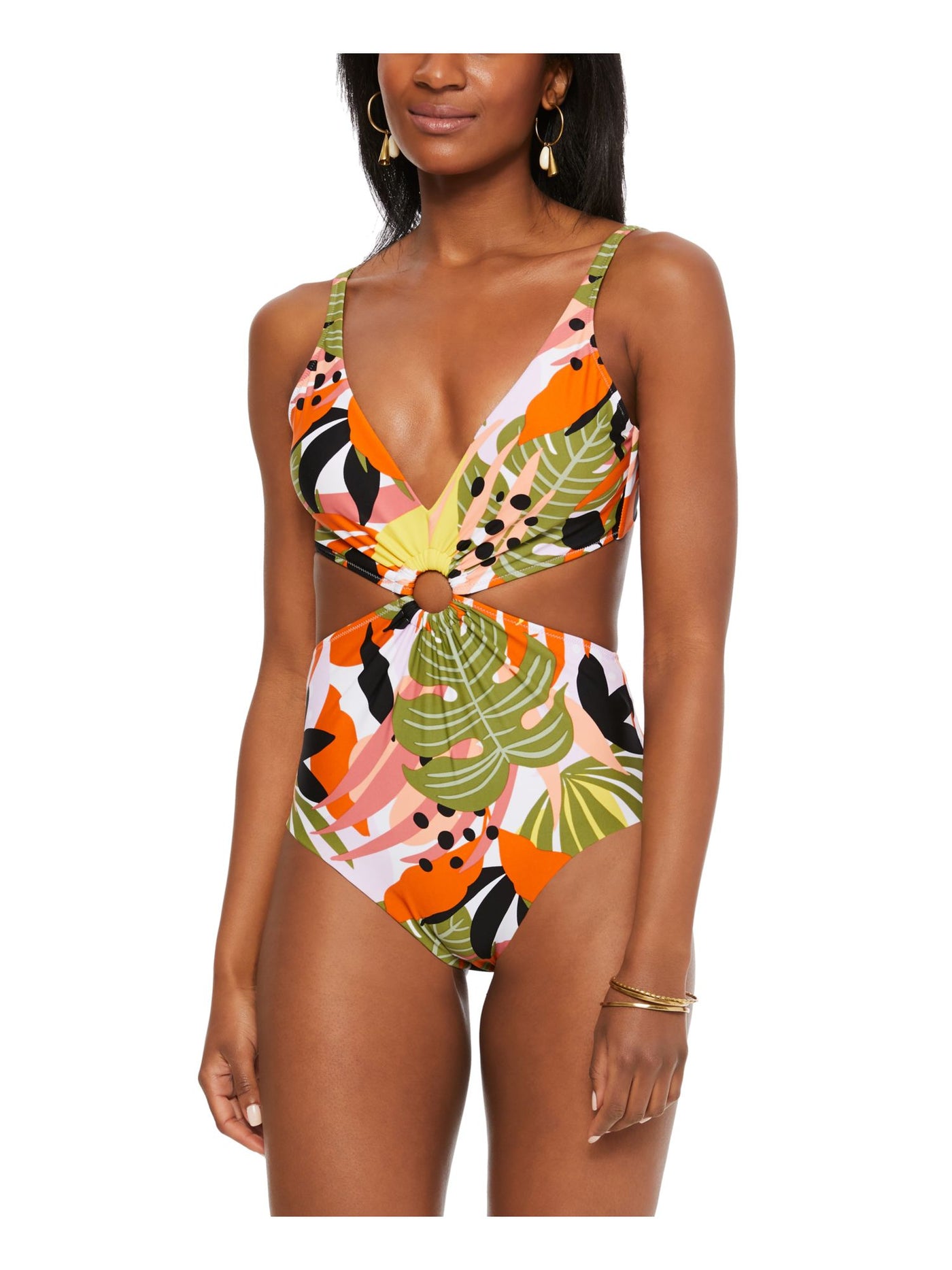 BAR III Women's Orange Printed Removable Cups Deep V Neck Cutout Ring One Piece Swimsuit S