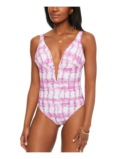 BAR III Women's Purple Stretch Plunging V-Neck Open Back V-Wire Moderate Coverage One Piece Swimsuit M