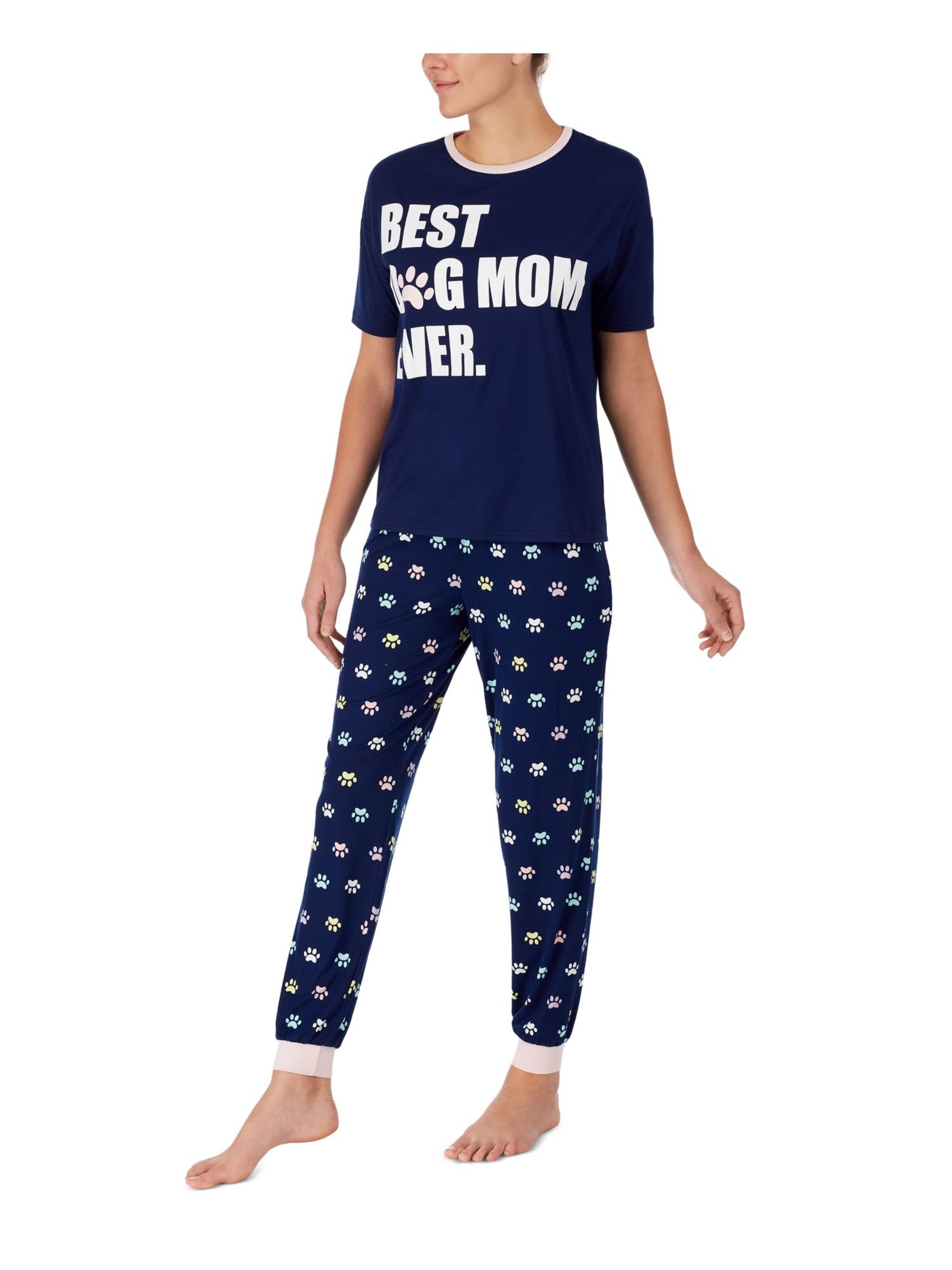FRENCH JENNY Womens Dog Mom Navy Graphic Drawstring Short Sleeve T-Shirt Top Cuffed Pants Pajamas M