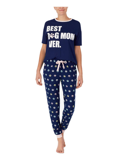 FRENCH JENNY Womens Dog Mom Navy Graphic Drawstring Short Sleeve T-Shirt Top Cuffed Pants Pajamas M