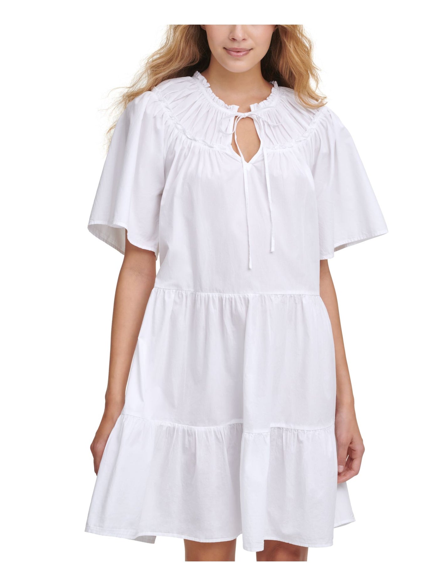 KENSIE DRESSES Womens White Woven Ruffled Pleated Unlined Pullover Elbow Sleeve Tie Neck Above The Knee Party Baby Doll Dress 2