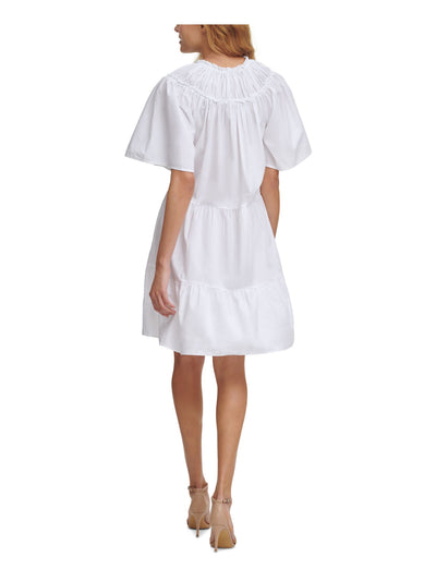 KENSIE DRESSES Womens White Woven Ruffled Pleated Unlined Pullover Elbow Sleeve Tie Neck Above The Knee Party Baby Doll Dress 4