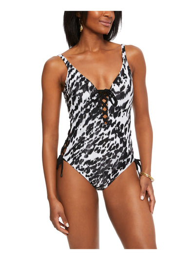 BAR III Women's Black Printed Push-Up Lace-Up Stretch Deep V Neck Adjustable Heat Wave One Piece Swimsuit M