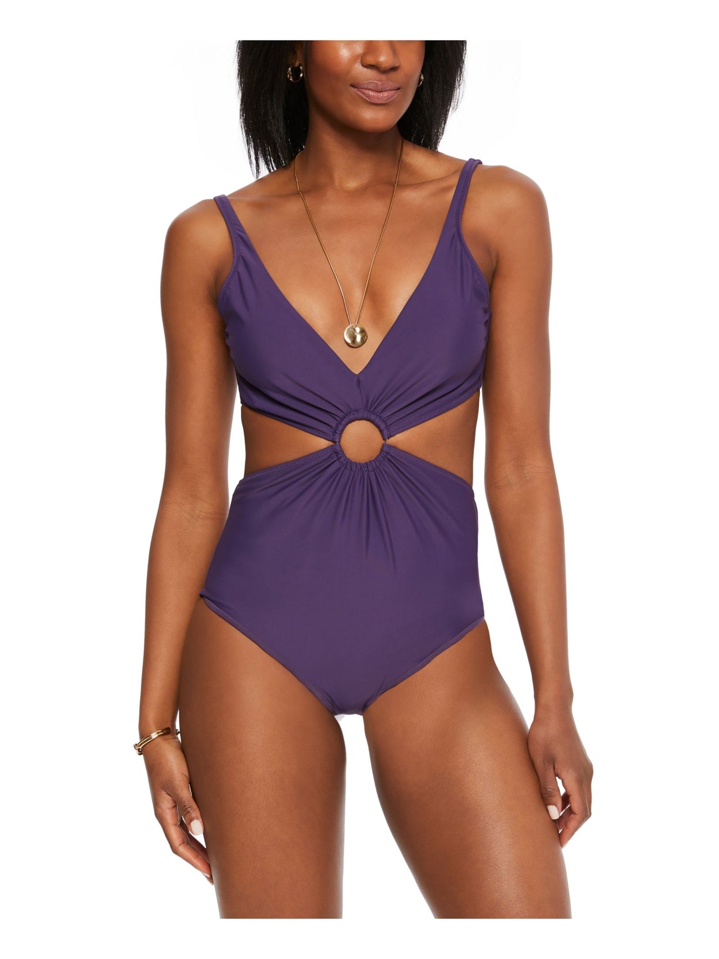 BAR III Women's Purple Ring Removable Cups Deep V Neck Monokini Swimsuit M