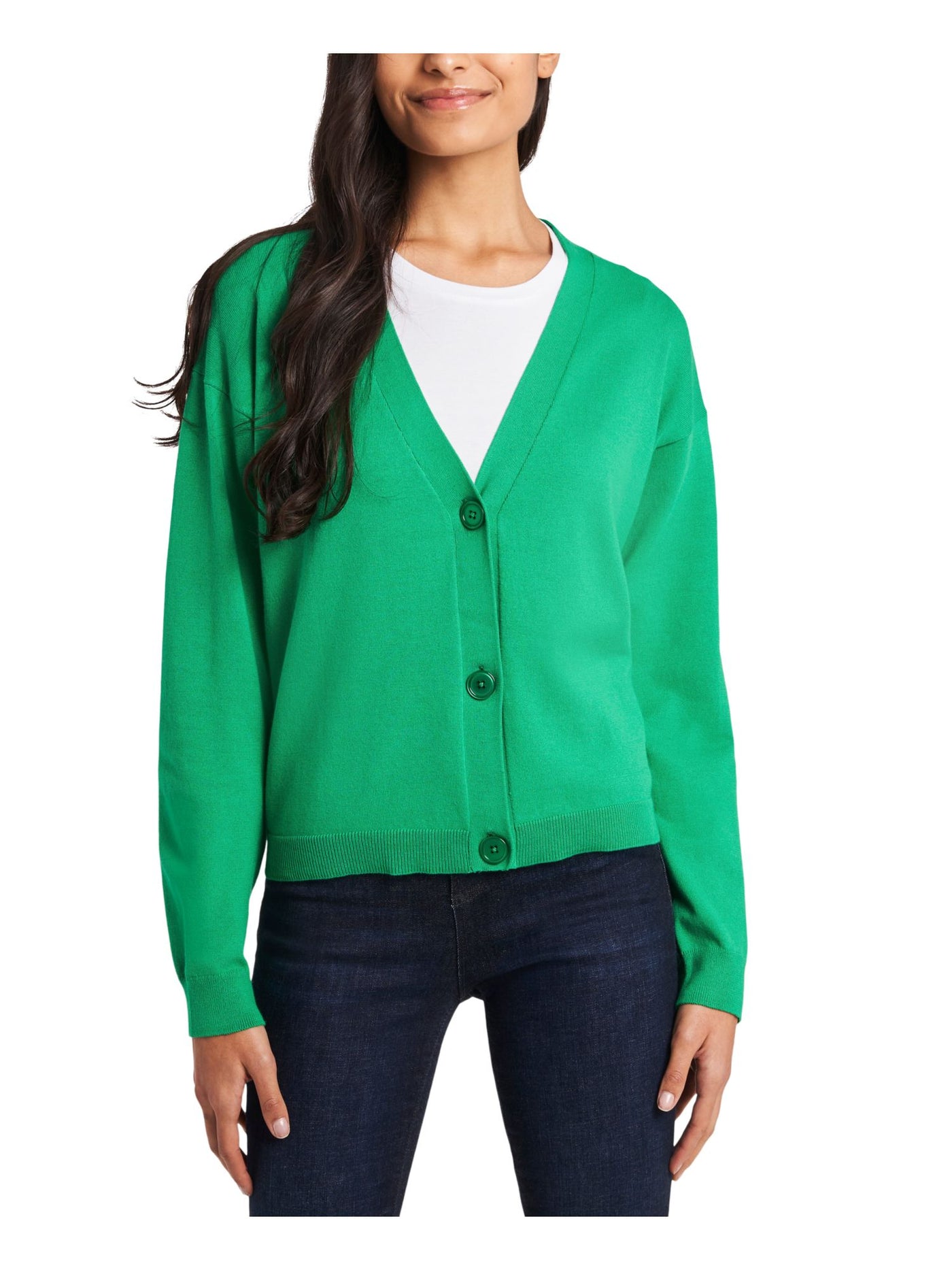 RILEY&RAE Womens Green Stretch Ribbed Long Sleeve Button Up Sweater S