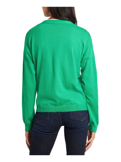 RILEY&RAE Womens Green Stretch Ribbed Long Sleeve Button Up Sweater S