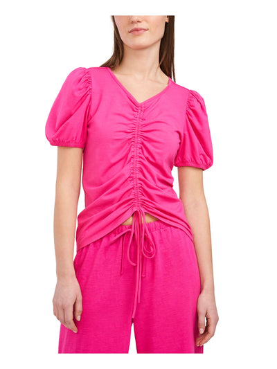 RILEY&RAE Womens Pink Stretch Ruched Tie Short Sleeve V Neck Top M