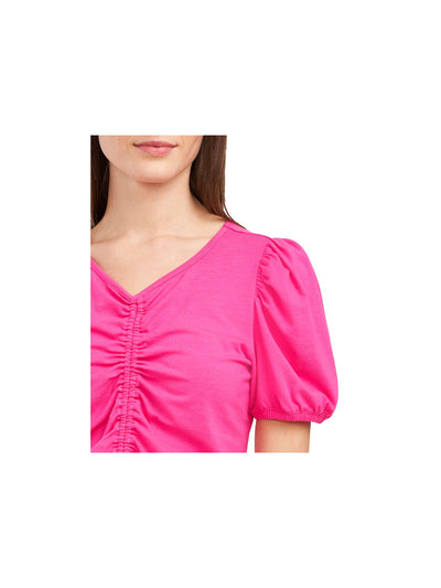 RILEY&RAE Womens Pink Stretch Ruched Tie Short Sleeve V Neck Top M