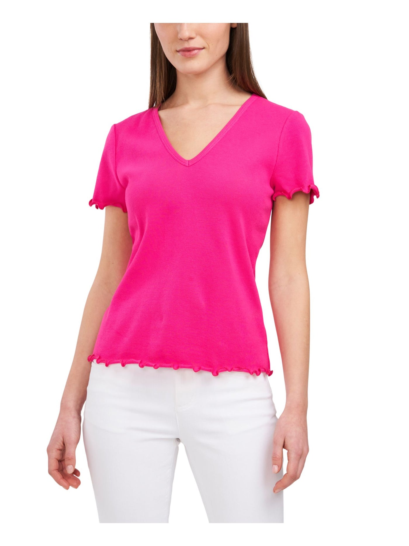 RILEY&RAE Womens Pink Stretch Ribbed Textured Scalloped Edge Cuffs And Hem Short Sleeve V Neck Top S
