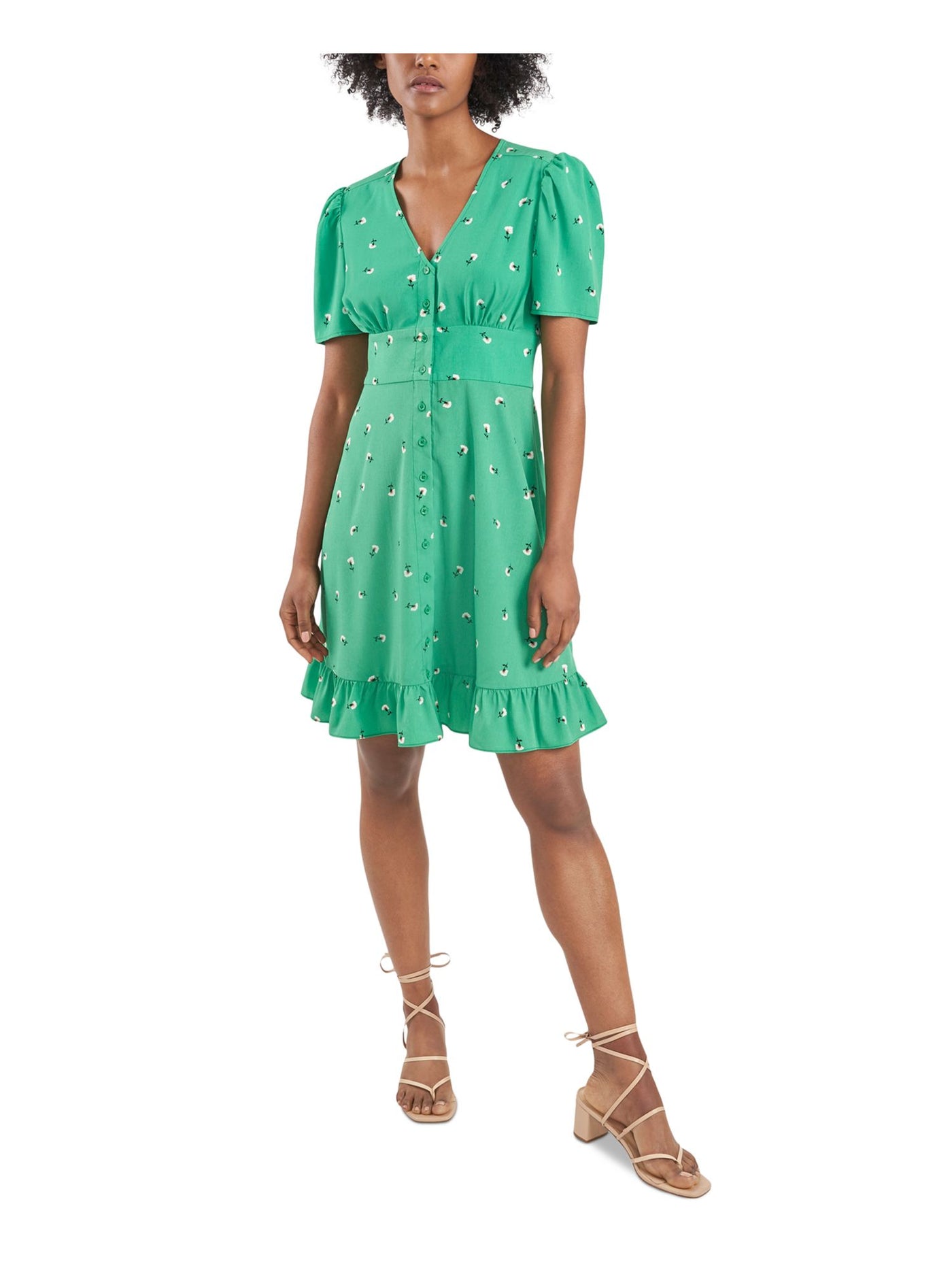 RILEY&RAE Womens Green Ruffled Button-front Printed Short Sleeve V Neck Short Dress 4