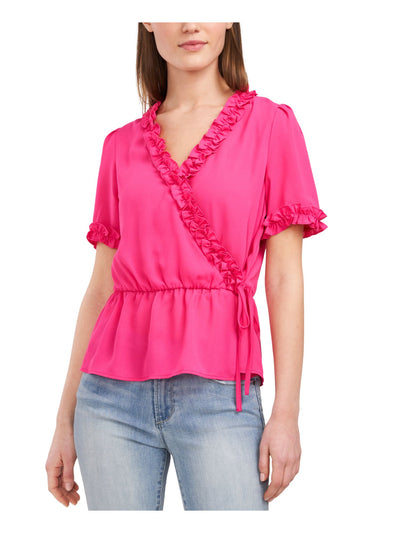 RILEY&RAE Womens Pink Tie Flouncy Ruffles Short Sleeve Surplice Neckline Wrap Top S