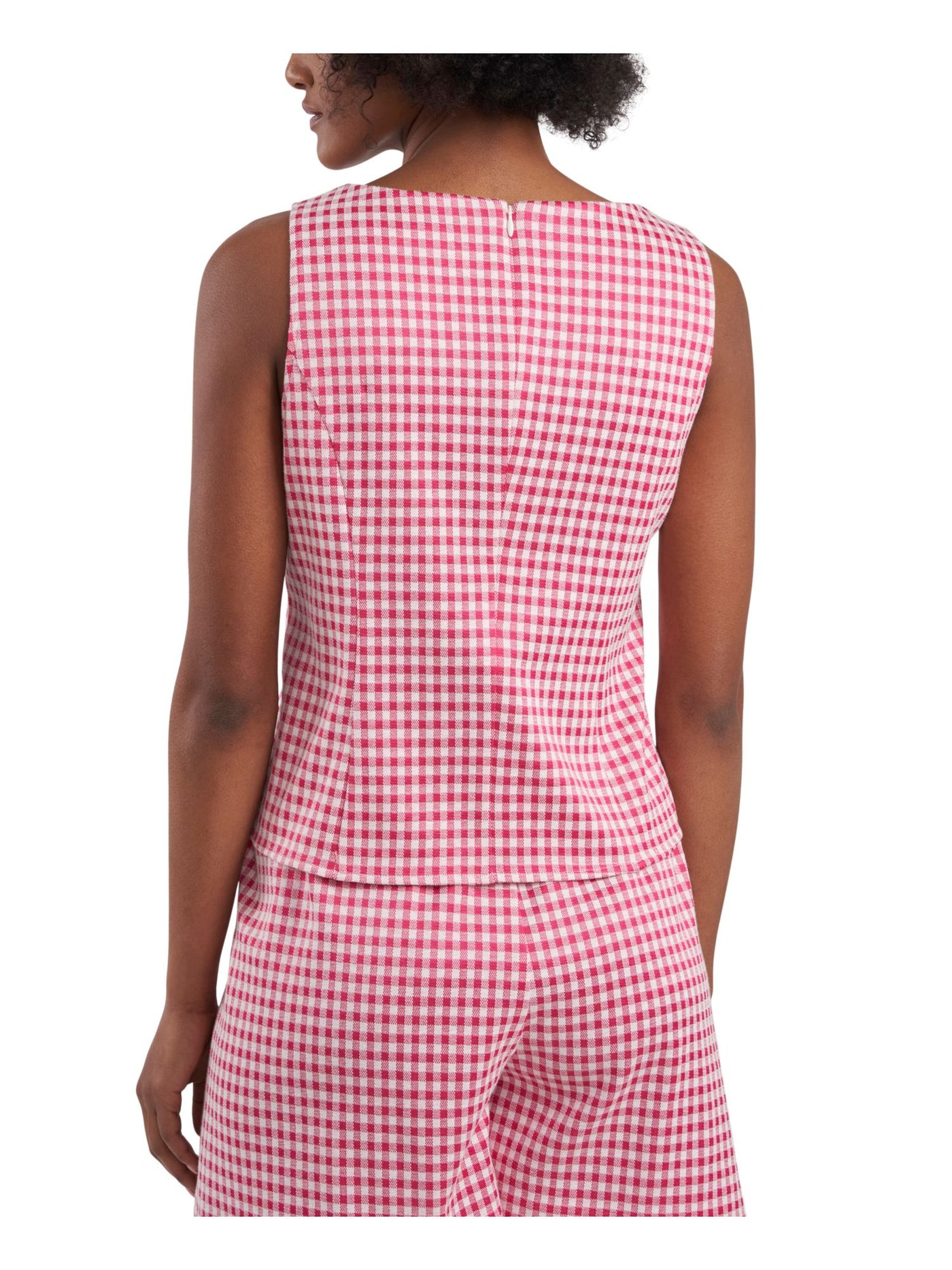 RILEY&RAE Womens Pink Stretch Zippered Darted Knit Gingham Sleeveless Square Neck Tank Top XXS